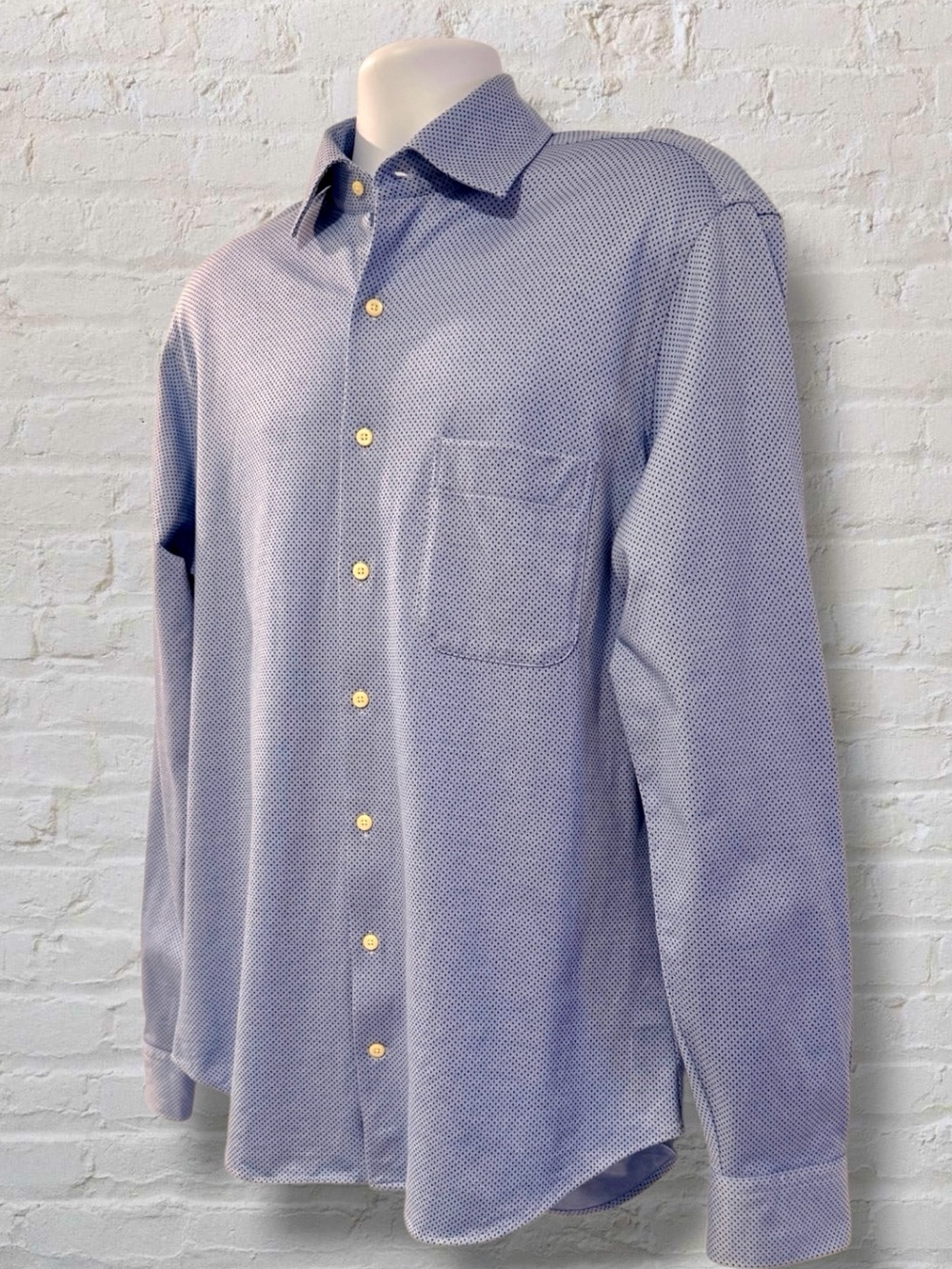 Peter Millar Men Large Blue Micro Dot Dress Shirt Button Front Luxury Cotton